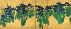 国宝　燕子花図(かきつばたず)屏風(びょうぶ)・右隻　尾形(おがた)光琳(こうりん)筆　日本・江戸時代　18世紀　根津美術館蔵
